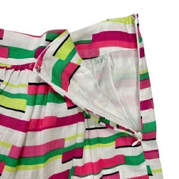 Kaari Blue Linen Pleated Skirt Womens 10 White Pink Multi Abstract Circle Mini - Picture 3 of 9